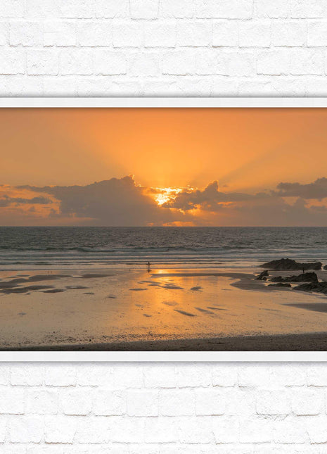 Fistral beach at sunset, Cornwall. Framed picture print with a choice of frame colours. Beach seascape. Surfing, waves.