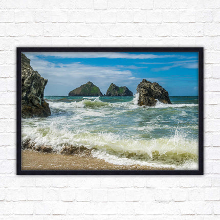 Holywell bay, Newquay Cornwall Framed picture print with a choice of frame colours. Beach seascape