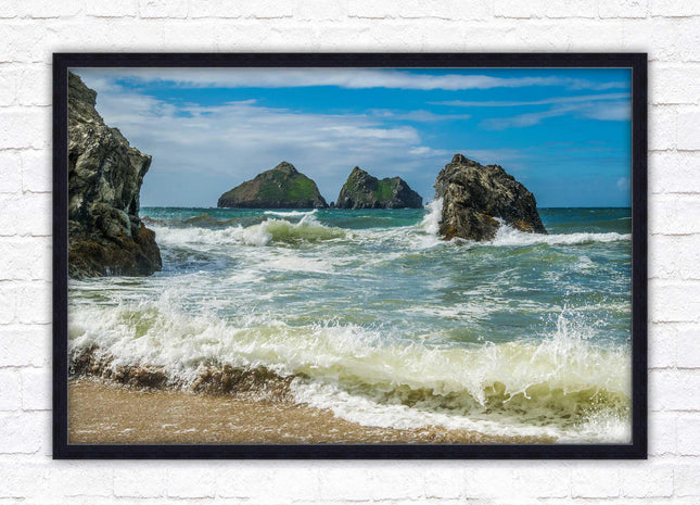 Holywell bay, Newquay Cornwall Framed picture print with a choice of frame colours. Beach seascape
