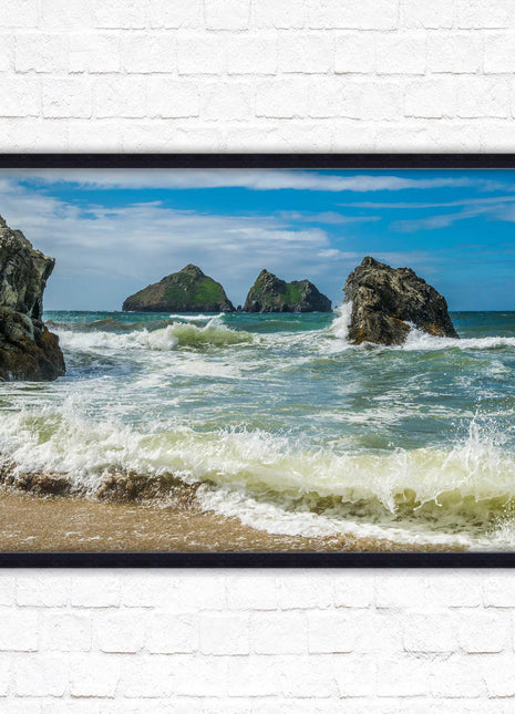 Holywell bay, Newquay Cornwall Framed picture print with a choice of frame colours. Beach seascape
