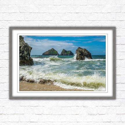 Holywell bay, Newquay Cornwall Framed picture print with a choice of frame colours. Beach seascape