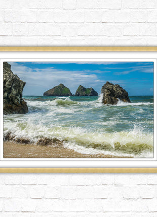 Holywell bay, Newquay Cornwall Framed picture print with a choice of frame colours. Beach seascape