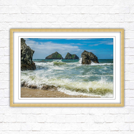 Holywell bay, Newquay Cornwall Framed picture print with a choice of frame colours. Beach seascape
