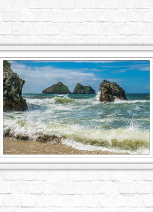 Holywell bay, Newquay Cornwall Framed picture print with a choice of frame colours. Beach seascape