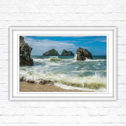 Holywell bay, Newquay Cornwall Framed picture print with a choice of frame colours. Beach seascape