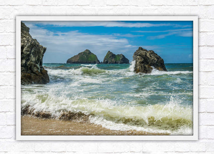 Holywell bay, Newquay Cornwall Framed picture print with a choice of frame colours. Beach seascape