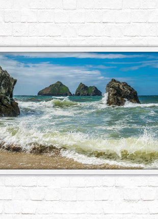 Holywell bay, Newquay Cornwall Framed picture print with a choice of frame colours. Beach seascape