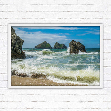 Holywell bay, Newquay Cornwall Framed picture print with a choice of frame colours. Beach seascape