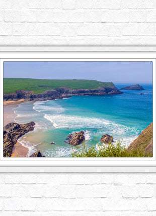 Polly Joke beach, Newquay Cornwall. Framed picture print with a choice of frame colours. Beautiful coastal framed picture. Beach seascape.