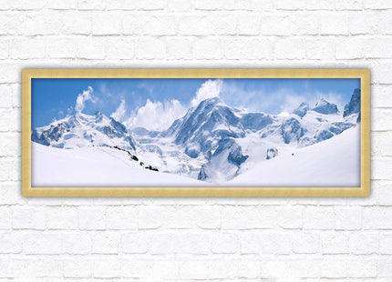 Swiss Alps mountain range. Panoramic framed picture print. Vibrant blue and white image. Choice of frame colours.