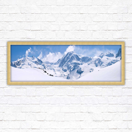 Swiss Alps mountain range. Panoramic framed picture print. Vibrant blue and white image. Choice of frame colours.