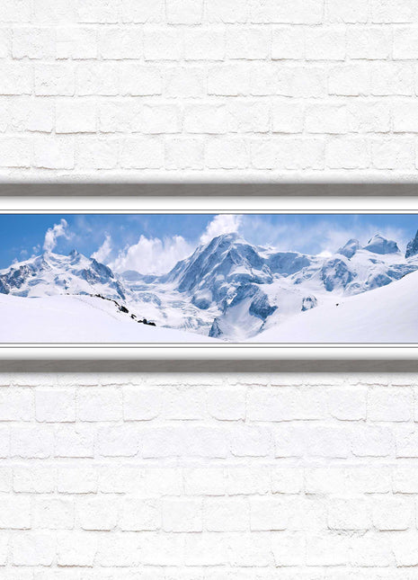 Swiss Alps mountain range. Panoramic framed picture print. Vibrant blue and white image. Choice of frame colours.