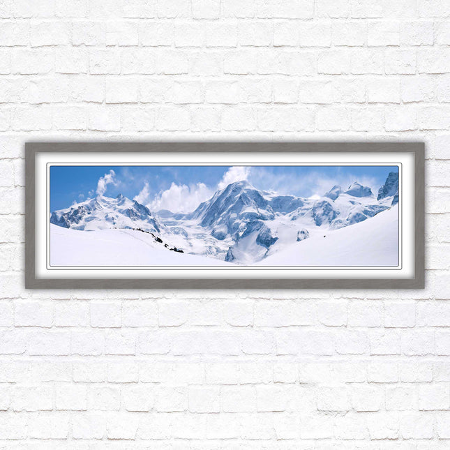 Swiss Alps mountain range. Panoramic framed picture print. Vibrant blue and white image. Choice of frame colours.