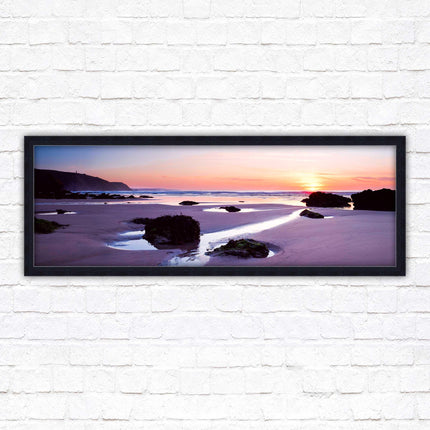 Porthtowan beach at sunset. Panoramic framed picture print, Cornwall beach scene. A choice of picture frames.