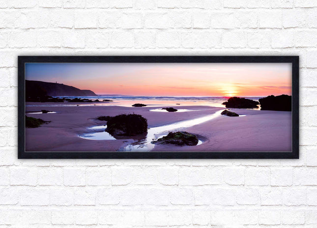 Porthtowan beach at sunset. Panoramic framed picture print, Cornwall beach scene. A choice of picture frames.