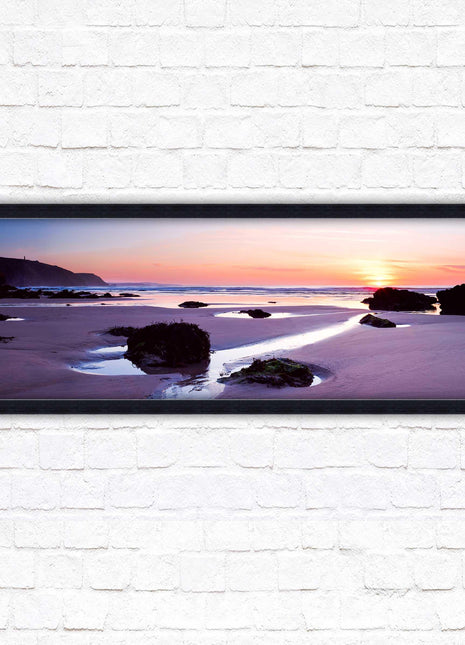 Porthtowan beach at sunset. Panoramic framed picture print, Cornwall beach scene. A choice of picture frames.