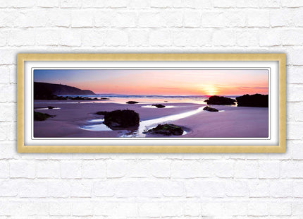 Porthtowan beach at sunset. Panoramic framed picture print, Cornwall beach scene. A choice of picture frames.