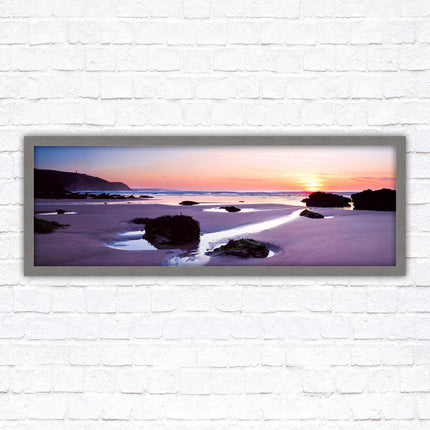 Porthtowan beach at sunset. Panoramic framed picture print, Cornwall beach scene. A choice of picture frames.