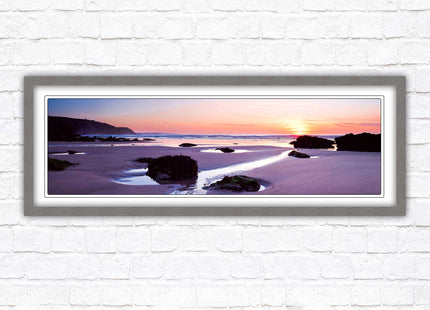 Porthtowan beach at sunset. Panoramic framed picture print, Cornwall beach scene. A choice of picture frames.