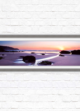 Porthtowan beach at sunset. Panoramic framed picture print, Cornwall beach scene. A choice of picture frames.