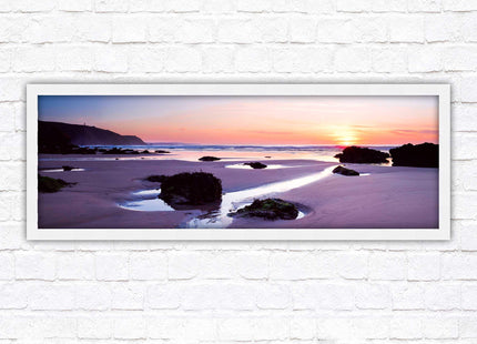 Porthtowan beach at sunset. Panoramic framed picture print, Cornwall beach scene. A choice of picture frames.