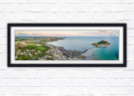 St Michael's Mount, panoramic framed picture print. Aerial view of castle on an island. A choice of picture frames available.