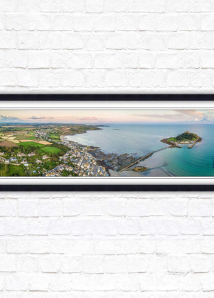 St Michael&#39;s Mount, panoramic framed picture print. Aerial view of castle on an island. A choice of picture frames available.
