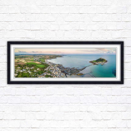 St Michael's Mount, panoramic framed picture print. Aerial view of castle on an island. A choice of picture frames available.