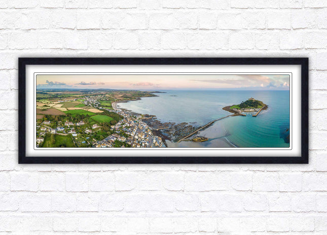 St Michael's Mount, panoramic framed picture print. Aerial view of castle on an island. A choice of picture frames available.