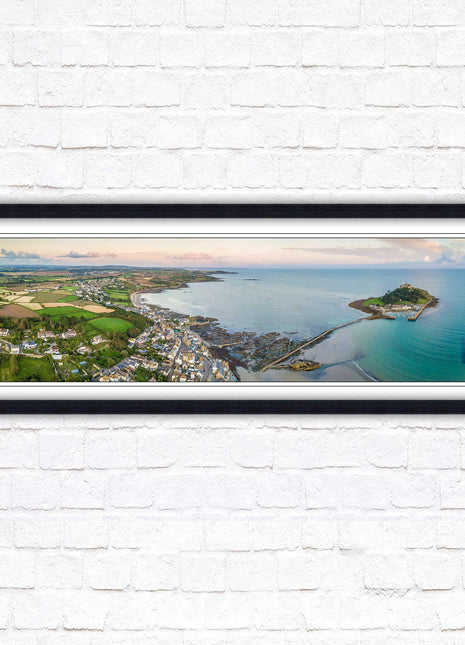 St Michael&#39;s Mount, panoramic framed picture print. Aerial view of castle on an island. A choice of picture frames available.