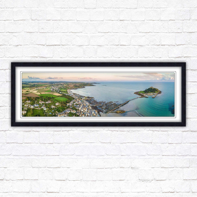St Michael's Mount, panoramic framed picture print. Aerial view of castle on an island. A choice of picture frames available.