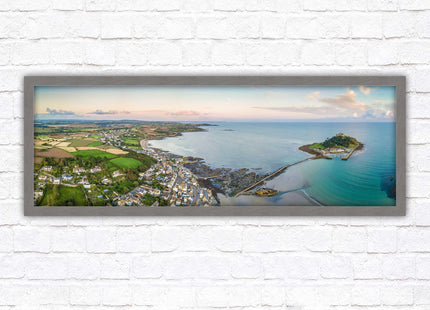 St Michael's Mount, panoramic framed picture print. Aerial view of castle on an island. A choice of picture frames available.