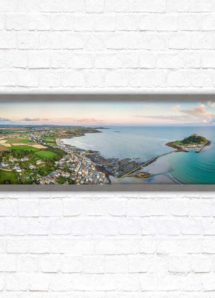St Michael&#39;s Mount, panoramic framed picture print. Aerial view of castle on an island. A choice of picture frames available.