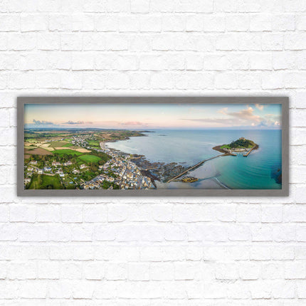 St Michael's Mount, panoramic framed picture print. Aerial view of castle on an island. A choice of picture frames available.
