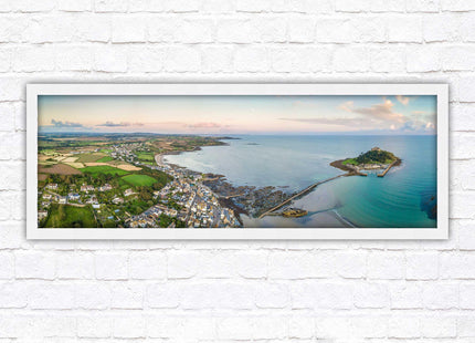 St Michael's Mount, panoramic framed picture print. Aerial view of castle on an island. A choice of picture frames available.