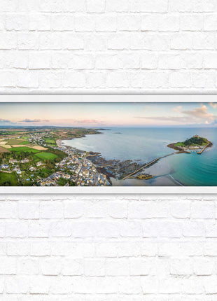 St Michael&#39;s Mount, panoramic framed picture print. Aerial view of castle on an island. A choice of picture frames available.