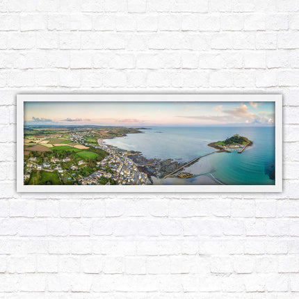 St Michael's Mount, panoramic framed picture print. Aerial view of castle on an island. A choice of picture frames available.