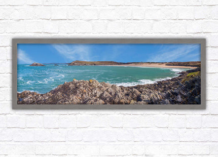 Crantock Beach. Panoramic framed picture print, West Pentire Cornwall beach scene. A choice of picture frames.