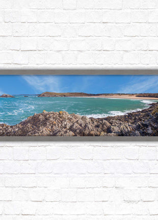 Crantock Beach. Panoramic framed picture print, West Pentire Cornwall beach scene. A choice of picture frames.