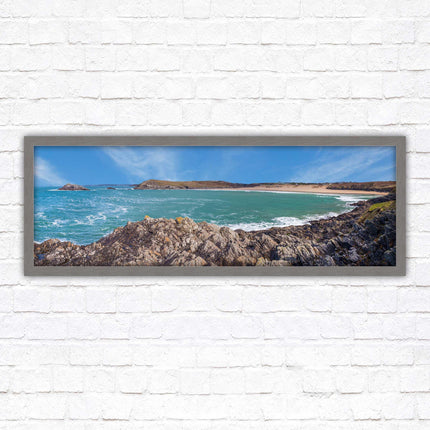 Crantock Beach. Panoramic framed picture print, West Pentire Cornwall beach scene. A choice of picture frames.