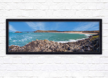 Crantock Beach. Panoramic framed picture print, West Pentire Cornwall beach scene. A choice of picture frames.