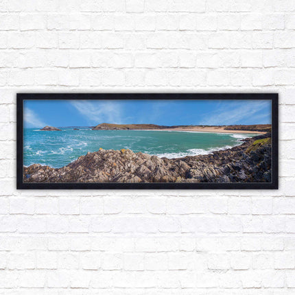 Crantock Beach. Panoramic framed picture print, West Pentire Cornwall beach scene. A choice of picture frames.