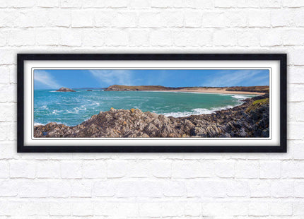 Crantock Beach. Panoramic framed picture print, West Pentire Cornwall beach scene. A choice of picture frames.