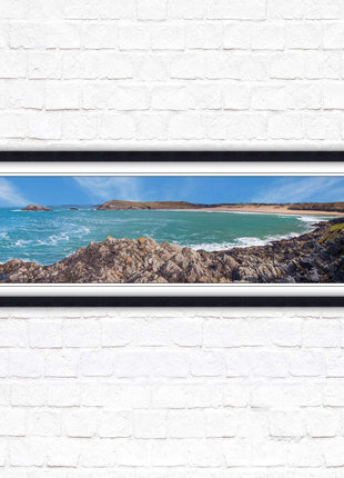 Crantock Beach. Panoramic framed picture print, West Pentire Cornwall beach scene. A choice of picture frames.