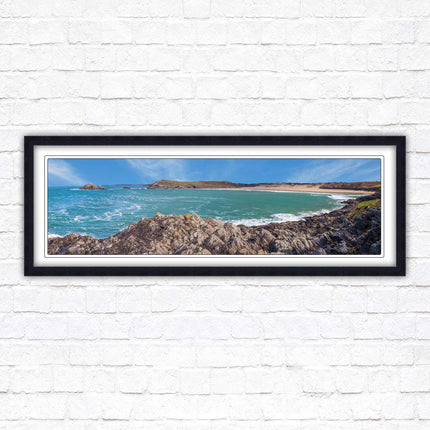 Crantock Beach. Panoramic framed picture print, West Pentire Cornwall beach scene. A choice of picture frames.