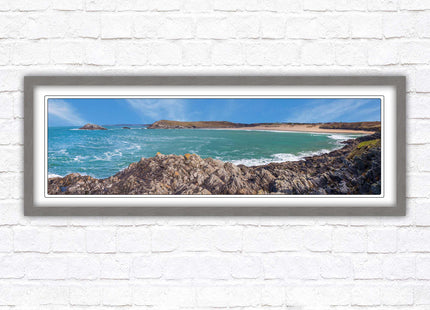 Crantock Beach. Panoramic framed picture print, West Pentire Cornwall beach scene. A choice of picture frames.