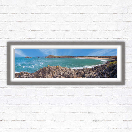 Crantock Beach. Panoramic framed picture print, West Pentire Cornwall beach scene. A choice of picture frames.