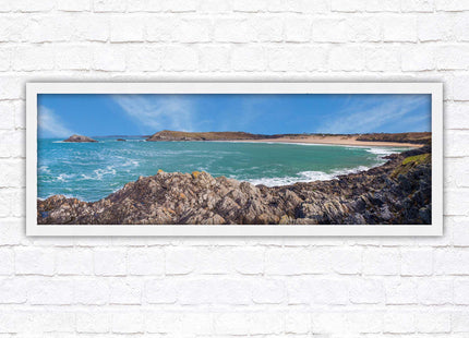Crantock Beach. Panoramic framed picture print, West Pentire Cornwall beach scene. A choice of picture frames.