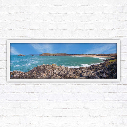 Crantock Beach. Panoramic framed picture print, West Pentire Cornwall beach scene. A choice of picture frames.