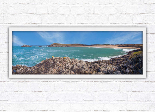 Crantock Beach. Panoramic framed picture print, West Pentire Cornwall beach scene. A choice of picture frames.